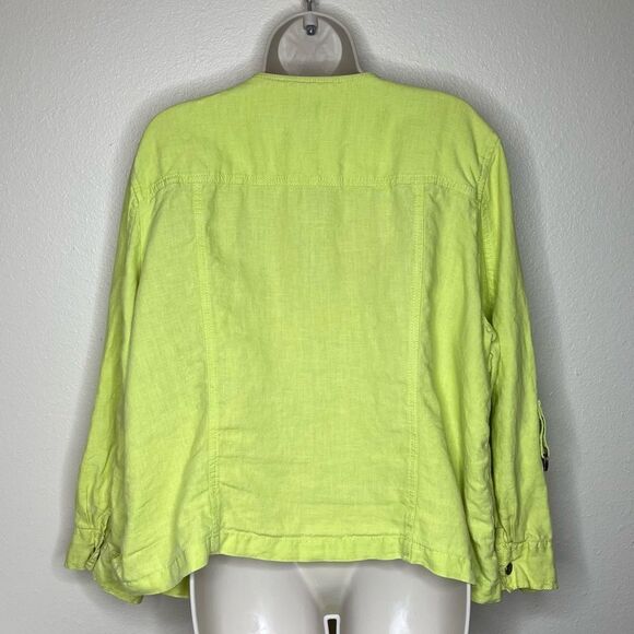 Chicos Drape Front Easy Linen Jacket Chartreuse Roll Tab Sleeve Women Size Large - Picture 7 of 16